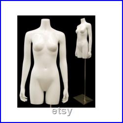 Adult Female Glossy White Fiberglass Headless Mannequin Torso Display with Adjustable Height Metal Base TFWS