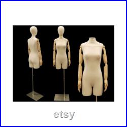 Adult Female Off White Linen Dress Form Mannequin Torso with Articulating Arms and Removable Head F2LARM