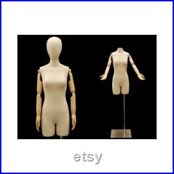 Adult Female Off White Linen Dress Form Mannequin Torso with Articulating Arms and Removable Head F2LARM