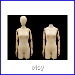 Adult Female Off White Linen Dress Form Mannequin Torso with Articulating Arms and Removable Head F2LARM