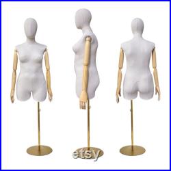 Adult Female Plus Size Mannequin Torso Display Dummy,Bamboo Linen Fabric Clothing Dress Form,Adult Props with Wooden Arms,Window Display