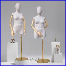 Adult Female Plus Size Mannequin Torso Display Dummy,Bamboo Linen Fabric Clothing Dress Form,Adult Props with Wooden Arms,Window Display