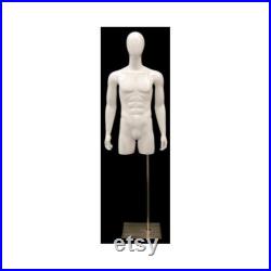 Adult Male Egg Head Glossy White 3 4 Fiberglass Mannequin Torso with Base TMWEGS