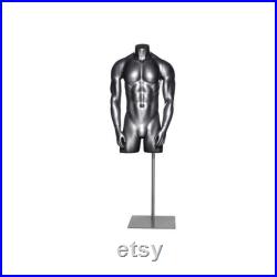 Adult Male Fiberglass Matte Gray 3 4 Athletic Muscular Mannequin Torso with Base HEF42T