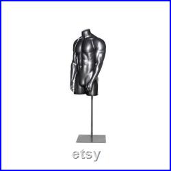 Adult Male Fiberglass Matte Gray 3 4 Athletic Muscular Mannequin Torso with Base HEF42T