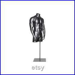 Adult Male Fiberglass Matte Gray 3 4 Athletic Muscular Mannequin Torso with Base HEF42T