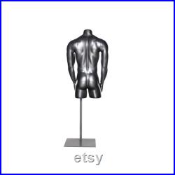 Adult Male Fiberglass Matte Gray 3 4 Athletic Muscular Mannequin Torso with Base HEF42T