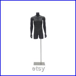 Adult Male Matte Black Headless 3 4 Mannequin Fiberglass Torso with Base TMBK