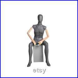 Adult Male Matte Gray Seated Egg Head Fiberglass Mannequin with Flexible Wooden Arms and Fingers QS4