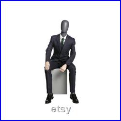 Adult Male Matte Gray Seated Egg Head Fiberglass Mannequin with Flexible Wooden Arms and Fingers QS4