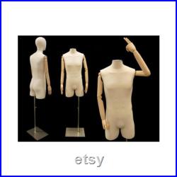 Adult Male Off White Linen Dress Form Mannequin Pinnable Torso with Articulating Arms and Removable Head M2LARM