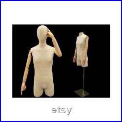 Adult Male Off White Linen Dress Form Mannequin Pinnable Torso with Articulating Arms and Removable Head M2LARM