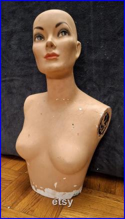 Antique 1921 Department Store Mannequin Female Bust Torso Jewelry Millinery Shop Display Plaster Chalkware