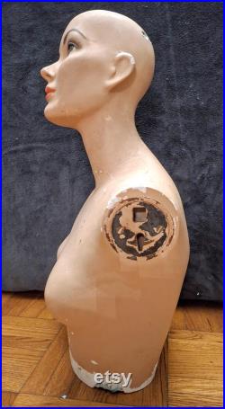Antique 1921 Department Store Mannequin Female Bust Torso Jewelry Millinery Shop Display Plaster Chalkware