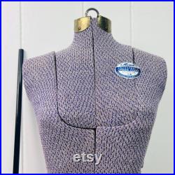 Antique 1940s Acme Mannequin Sewing Dress Form Adjustable Body Size A, Purple Tweed, Metal Stand, Steam Punk, for designer, home decor