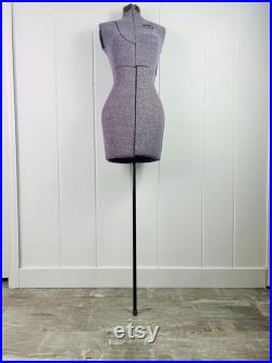 Antique 1940s Acme Mannequin Sewing Dress Form Adjustable Body Size A, Purple Tweed, Metal Stand, Steam Punk, for designer, home decor
