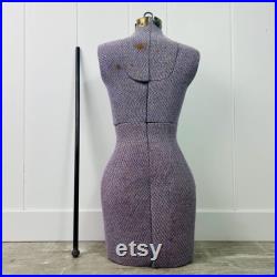 Antique 1940s Acme Mannequin Sewing Dress Form Adjustable Body Size A, Purple Tweed, Metal Stand, Steam Punk, for designer, home decor