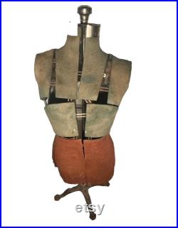 Antique 19th Century Fully Adjustable Metal and Jersey Fabric Dress Form Mannequin with Worked Iron Base Complete