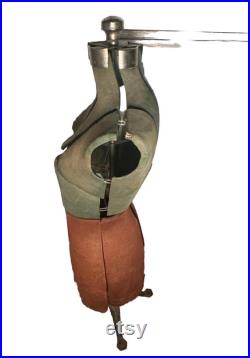 Antique 19th Century Fully Adjustable Metal and Jersey Fabric Dress Form Mannequin with Worked Iron Base Complete