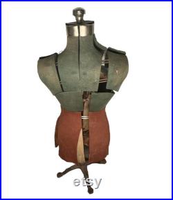 Antique 19th Century Fully Adjustable Metal and Jersey Fabric Dress Form Mannequin with Worked Iron Base Complete