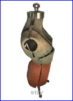 Antique 19th Century Fully Adjustable Metal and Jersey Fabric Dress Form Mannequin with Worked Iron Base Complete