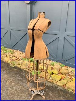 Antique Adjustable Dress Form with Cast Iron Paw Base Metal Skirt Cage, Cedar Rapids Dress Form Co.