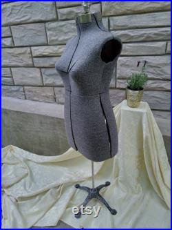 Antique Adjustable Female Dress Form, Fabric Covered Mannequin, Iron Base, Feminine Industrial Design, Functional Fashion and FREE SHIPPING