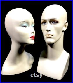 Antique Advertising 1970s Vintage Countertop Mannequin Head Shop Display Pair
