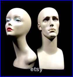 Antique Advertising 1970s Vintage Countertop Mannequin Head Shop Display Pair