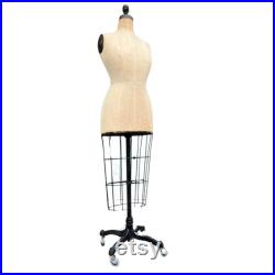Antique Dress Form with Wire Cage Skirt on Iron Rolling Stand Tailor Mannequin Early 1900s