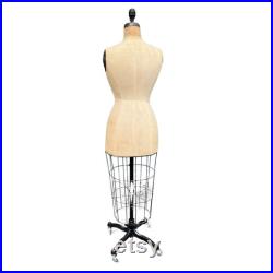 Antique Dress Form with Wire Cage Skirt on Iron Rolling Stand Tailor Mannequin Early 1900s