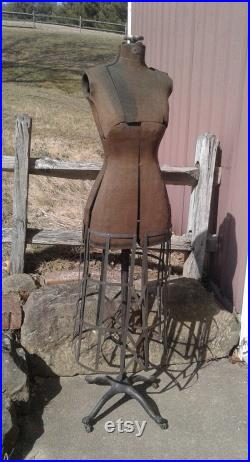 Antique Dressmaker Mannequin w Adjustable Cage Bottom w Rolling Claw Footed Base