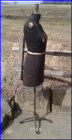 Antique Dressmaker Mannequin w Metal Cage Dress Bottom w Rolling Claw Foot Base