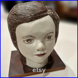 Antique Flapper Girl Plaster Bust, Vintage 1930s Hat Mannequin, VTG Beautiful Fingerwave Statue with Stand, 1940s Era Enthusiast Gift