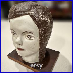 Antique Flapper Girl Plaster Bust, Vintage 1930s Hat Mannequin, VTG Beautiful Fingerwave Statue with Stand, 1940s Era Enthusiast Gift