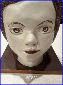 Antique Flapper Girl Plaster Bust, Vintage 1930s Hat Mannequin, VTG Beautiful Fingerwave Statue with Stand, 1940s Era Enthusiast Gift