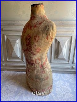 Antique French mannequin, 1900's dress form wasp waist, DISPLAY shabby deco red floral Indienne fabric covered tailor's dress maker's dummy