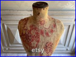 Antique French mannequin, 1900's dress form wasp waist, DISPLAY shabby deco red floral Indienne fabric covered tailor's dress maker's dummy