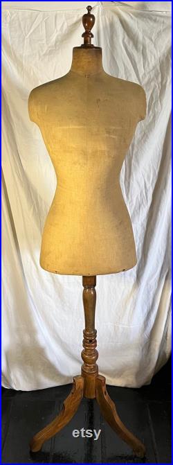 Antique Mannequin Dress Form Linen Wood Pedestal Male Sewing Clothing Display