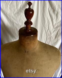 Antique Mannequin Dress Form Linen Wood Pedestal Male Sewing Clothing Display