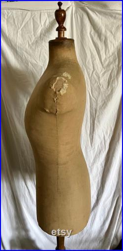 Antique Mannequin Dress Form Linen Wood Pedestal Male Sewing Clothing Display