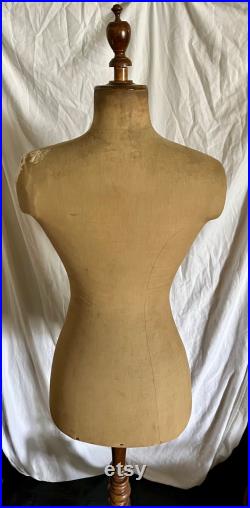 Antique Mannequin Dress Form Linen Wood Pedestal Male Sewing Clothing Display