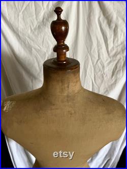 Antique Mannequin Dress Form Linen Wood Pedestal Male Sewing Clothing Display