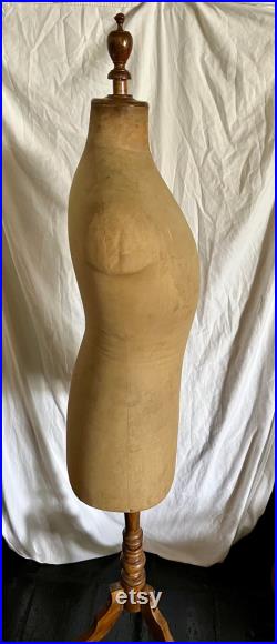 Antique Mannequin Dress Form Linen Wood Pedestal Male Sewing Clothing Display