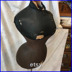 Antique Victorian Wasp Waist Mannequin. Bustle Back Paper Mache with Wood Stand, Black Silk Covered Top, Brown Batiste Hips. Rare Antique.