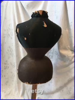 Antique Victorian Wasp Waist Mannequin. Bustle Back Paper Mache with Wood Stand, Black Silk Covered Top, Brown Batiste Hips. Rare Antique.