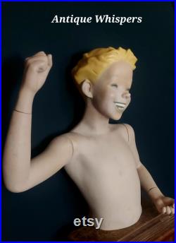 Antique Vintage Laughing Boy Fibreglass Counter Top Mannequin, Mannequin Bust, Mannequin Boy, Child Mannequin, boy mannequin