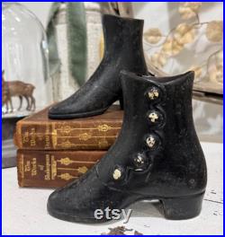 Antique cast iron mannequin boots little size 5 inches vintage Cast Iron metal pair boots Napoleon dress form cast iron black boots