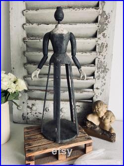 Antique hand carved wooden cage doll, vintage hand painted grey blue wood mannequin with articulated arms and hands, nursery room décor