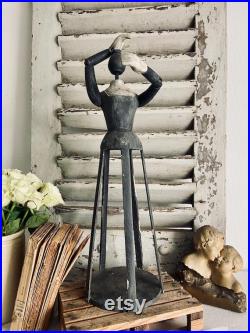 Antique hand carved wooden cage doll, vintage hand painted grey blue wood mannequin with articulated arms and hands, nursery room décor